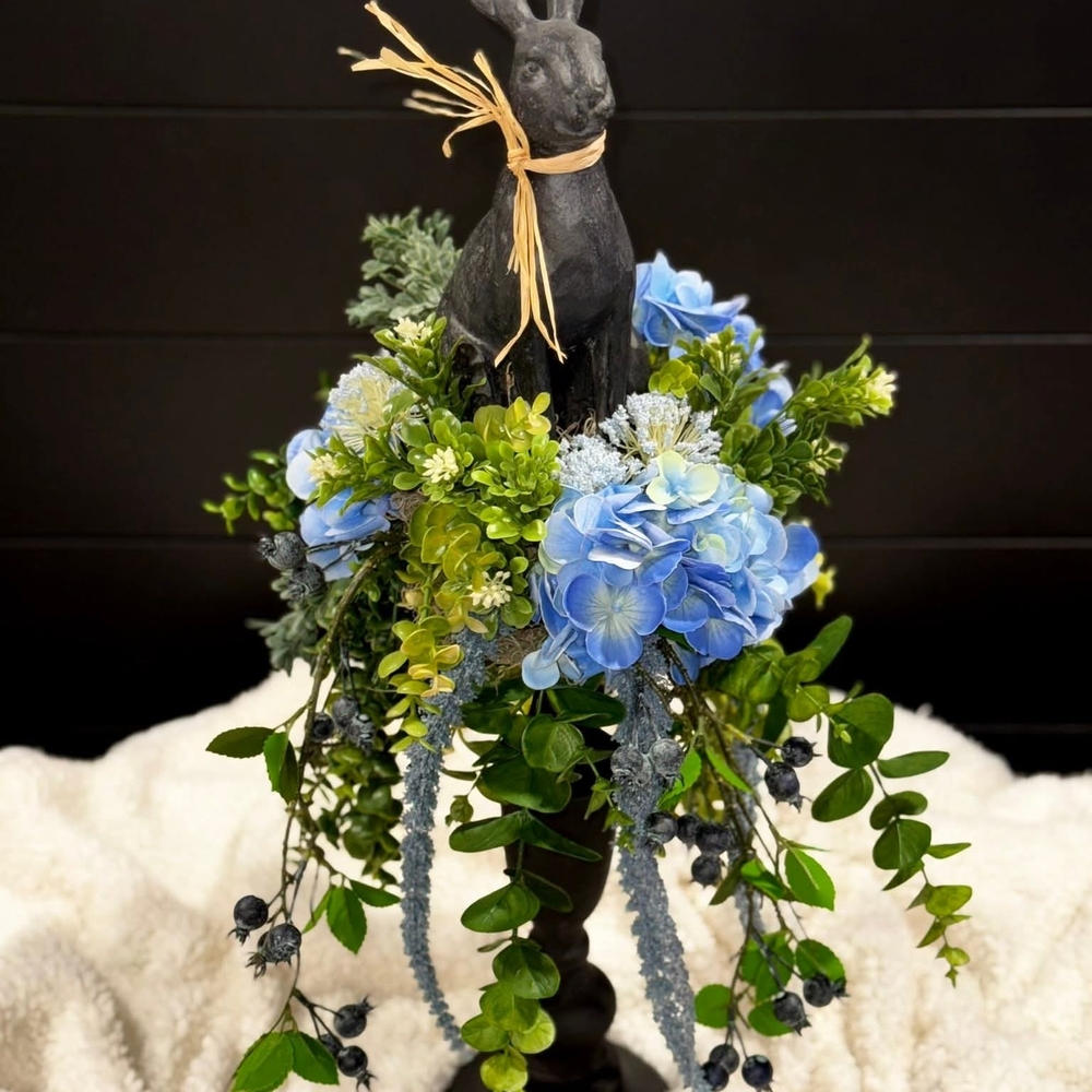 Blue Soft Touch Hydrangea and Greenery Floral Arrangement with Decorative Rabbit